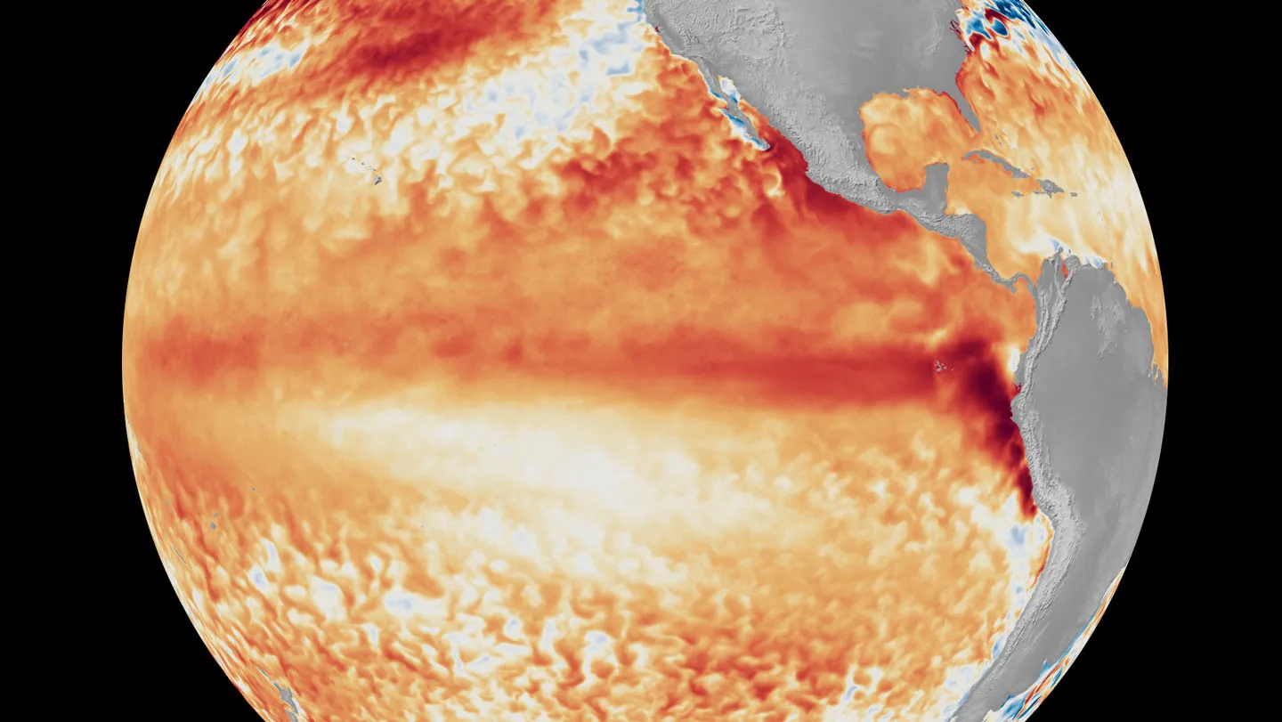 The sea surface in the eastern tropical Pacific warmed from January 1 through June 8 (relative to average temps). Red and orange indicate warmer waters. Climate scientists use these types of data to gauge how strong the natural weather pattern known as El Niño will become. NOAA