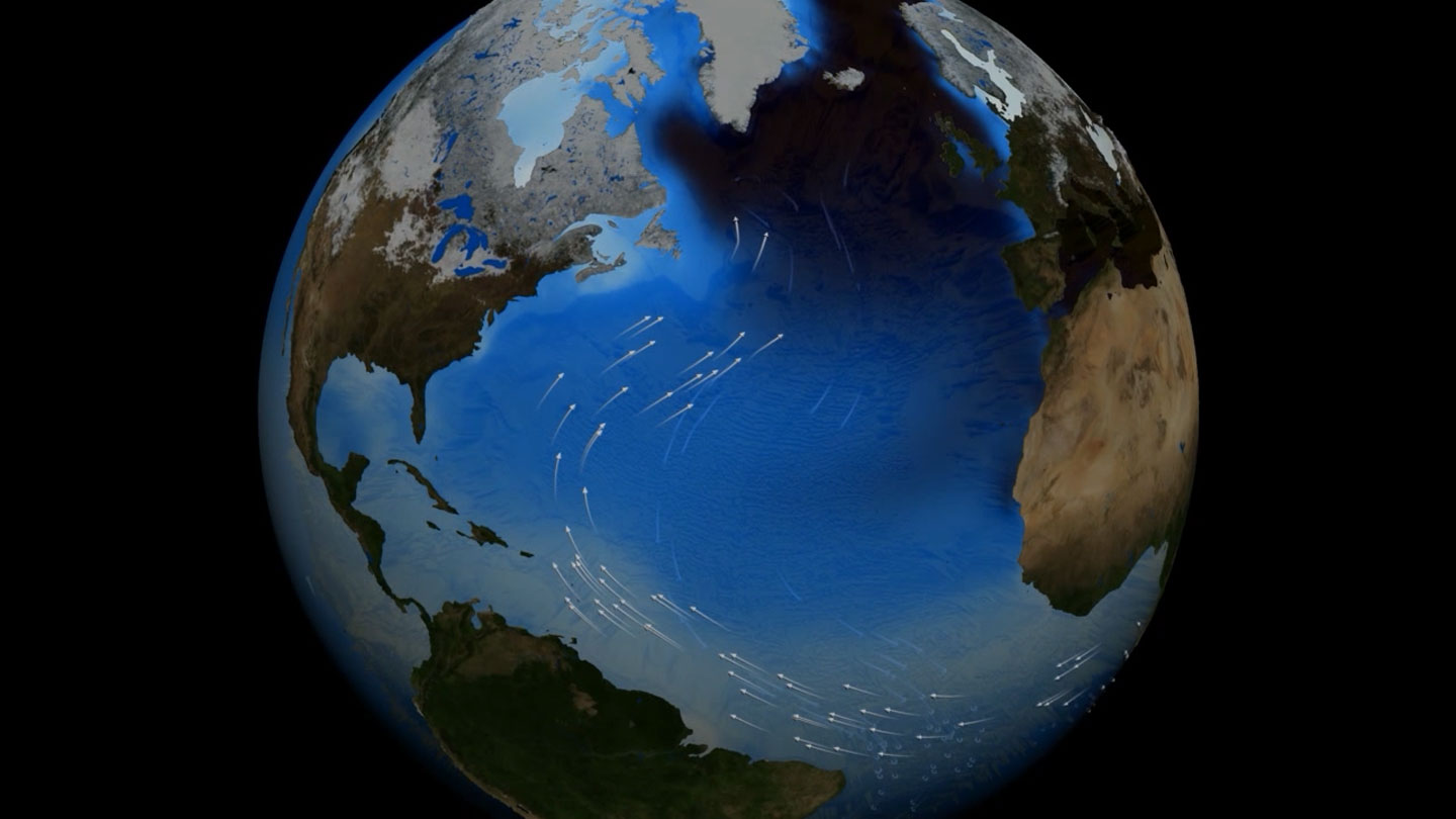 The Atlantic Meridional Overturning Circulation, or AMOC, ferries warm waters from the tropics northward toward Europe. Recent analyses say the current could weaken by half within 75 years. Goddard Space Flight Center Scientific Visualization Studio/NASA
